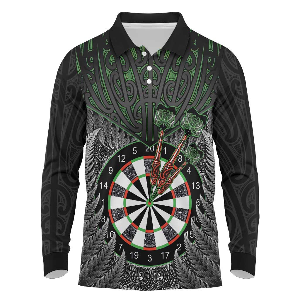 Personalised New Zealand Darts Long Sleeve Polo Shirt Dartboard Maori Fern Puhoro Art LT14 Black - Polynesian Pride