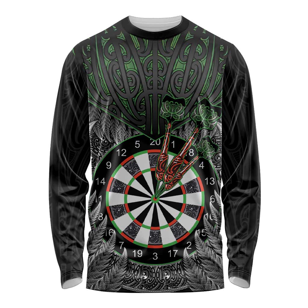 Personalised New Zealand Darts Long Sleeve Shirt Dartboard Maori Fern Puhoro Art LT14 Unisex Black - Polynesian Pride