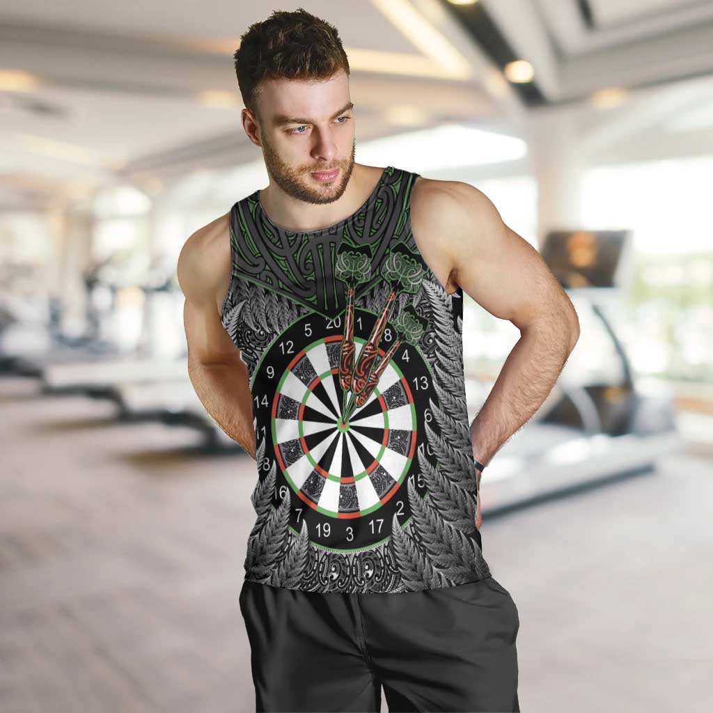 Personalised New Zealand Darts Men Tank Top Dartboard Maori Fern Puhoro Art LT14 Black - Polynesian Pride
