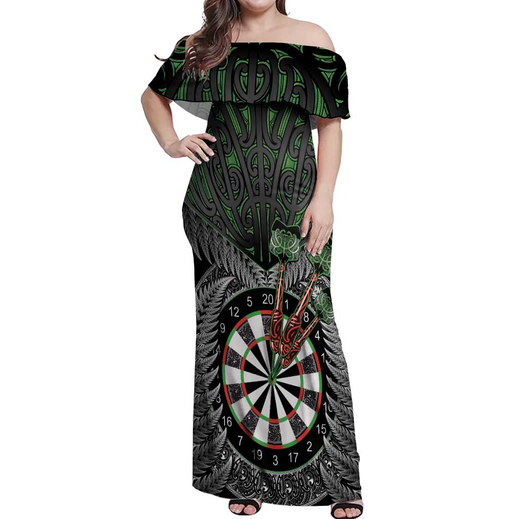 Personalised New Zealand Darts Off Shoulder Maxi Dress Dartboard Maori Fern Puhoro Art LT14 Women Black - Polynesian Pride