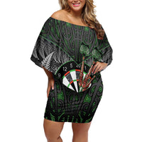 Personalised New Zealand Darts Off Shoulder Short Dress Dartboard Maori Fern Puhoro Art LT14 Women Black - Polynesian Pride
