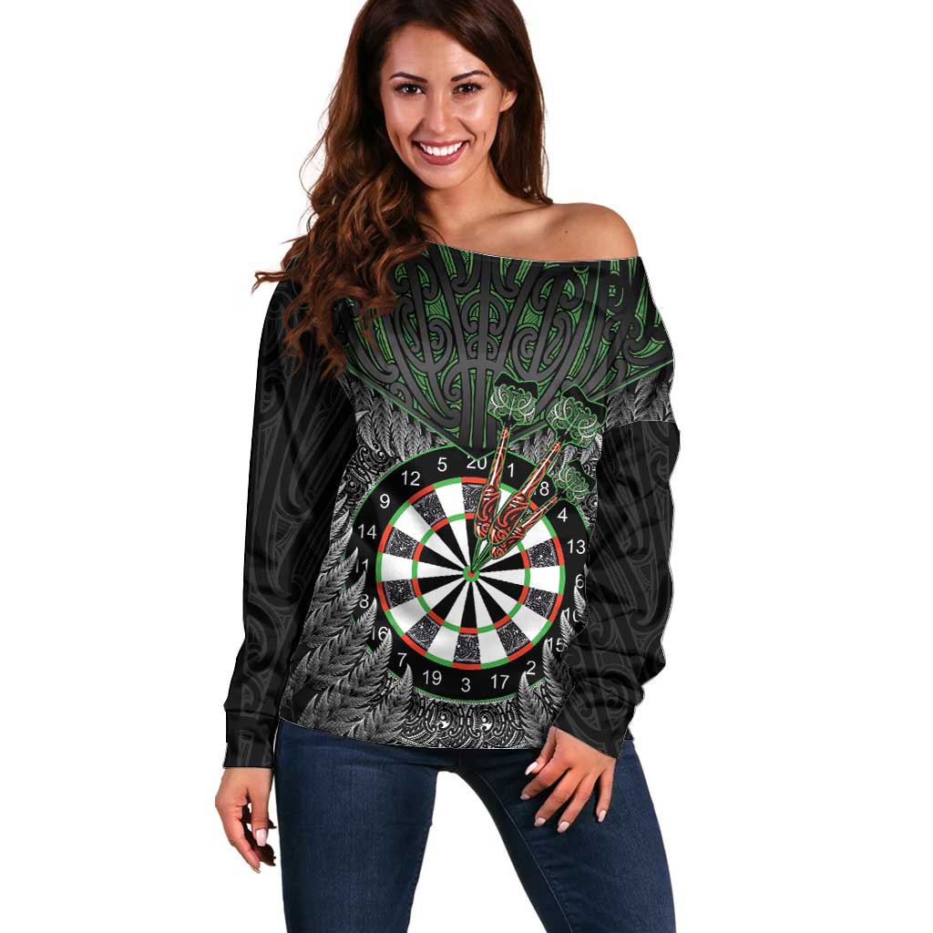 Personalised New Zealand Darts Off Shoulder Sweater Dartboard Maori Fern Puhoro Art LT14 Women Black - Polynesian Pride