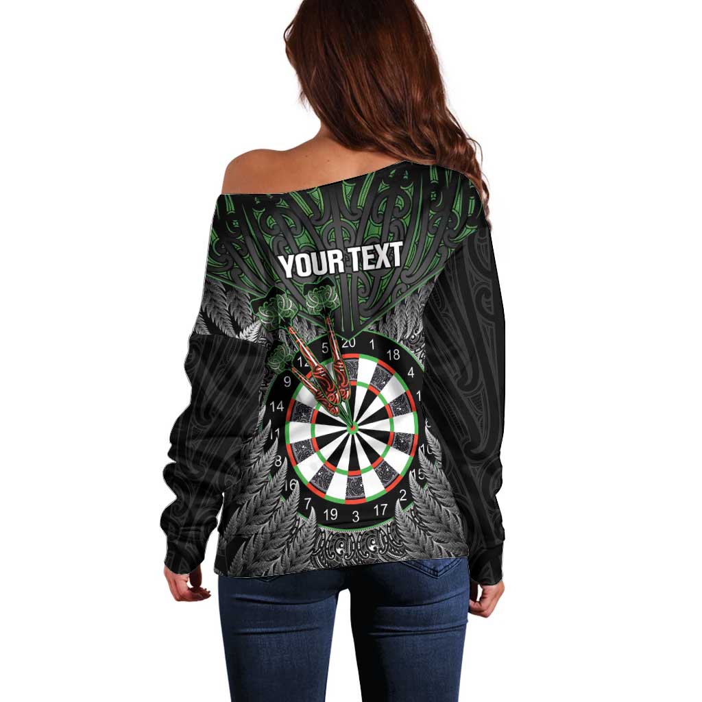 Personalised New Zealand Darts Off Shoulder Sweater Dartboard Maori Fern Puhoro Art LT14 - Polynesian Pride