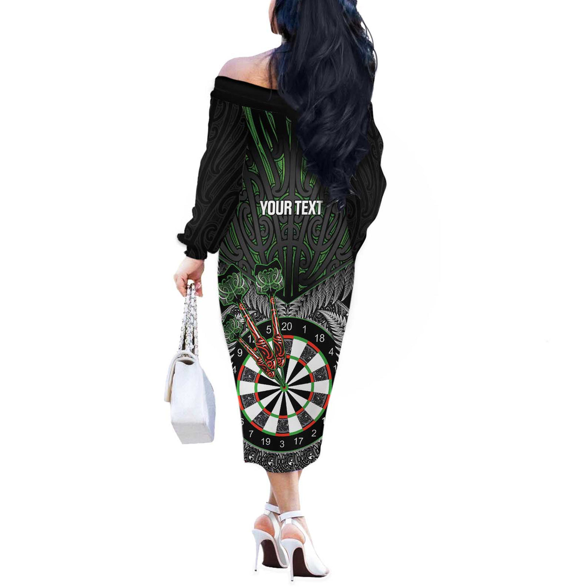 Personalised New Zealand Darts Off The Shoulder Long Sleeve Dress Dartboard Maori Fern Puhoro Art LT14 - Polynesian Pride
