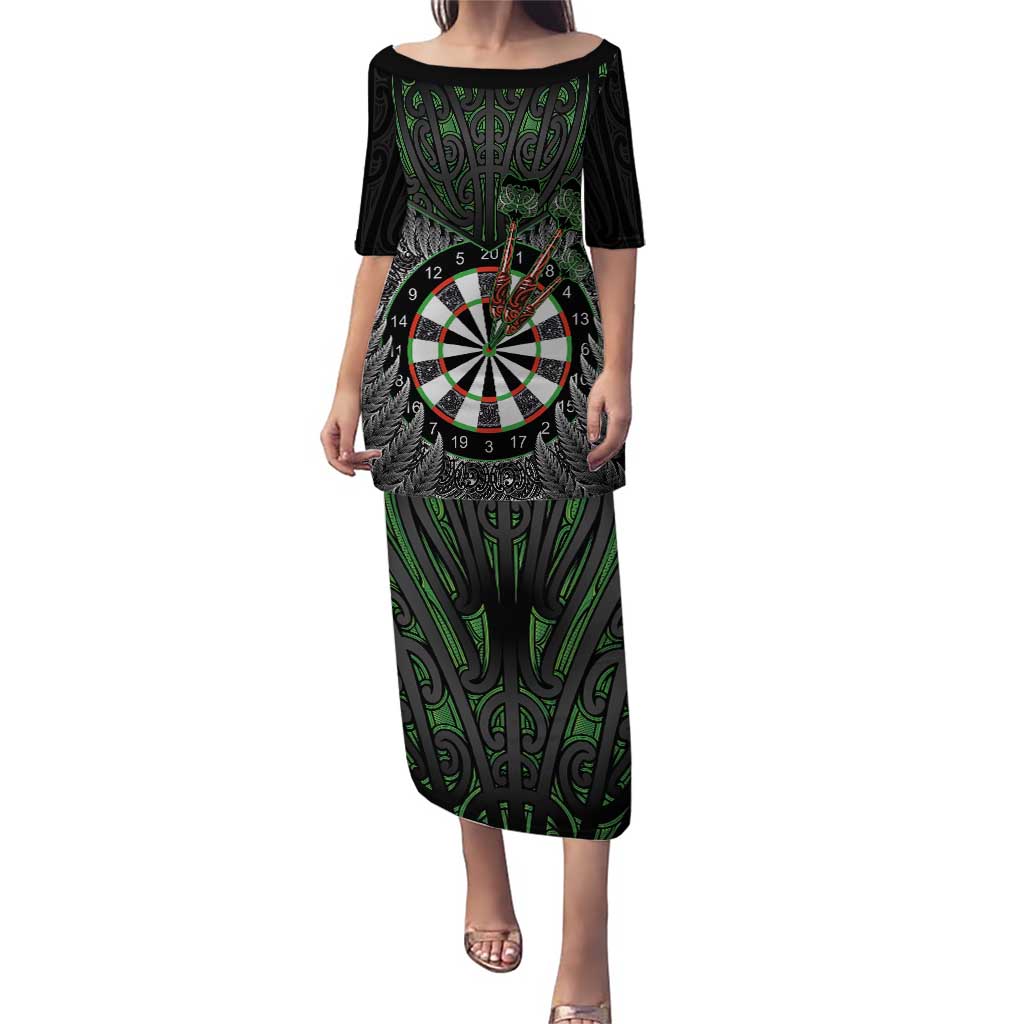 Personalised New Zealand Darts Puletasi Dartboard Maori Fern Puhoro Art LT14 Long Dress Black - Polynesian Pride