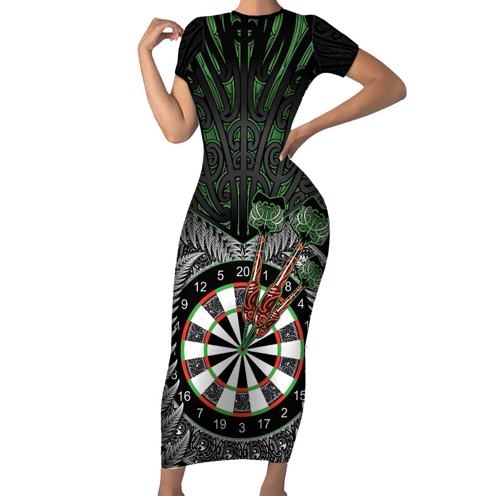 Personalised New Zealand Darts Short Sleeve Bodycon Dress Dartboard Maori Fern Puhoro Art LT14 Long Dress Black - Polynesian Pride
