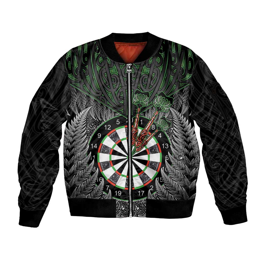 Personalised New Zealand Darts Sleeve Zip Bomber Jacket Dartboard Maori Fern Puhoro Art LT14 Unisex Black - Polynesian Pride