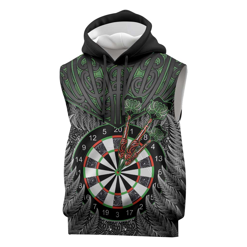 Personalised New Zealand Darts Sleeveless Hoodie Dartboard Maori Fern Puhoro Art - Polynesian Pride