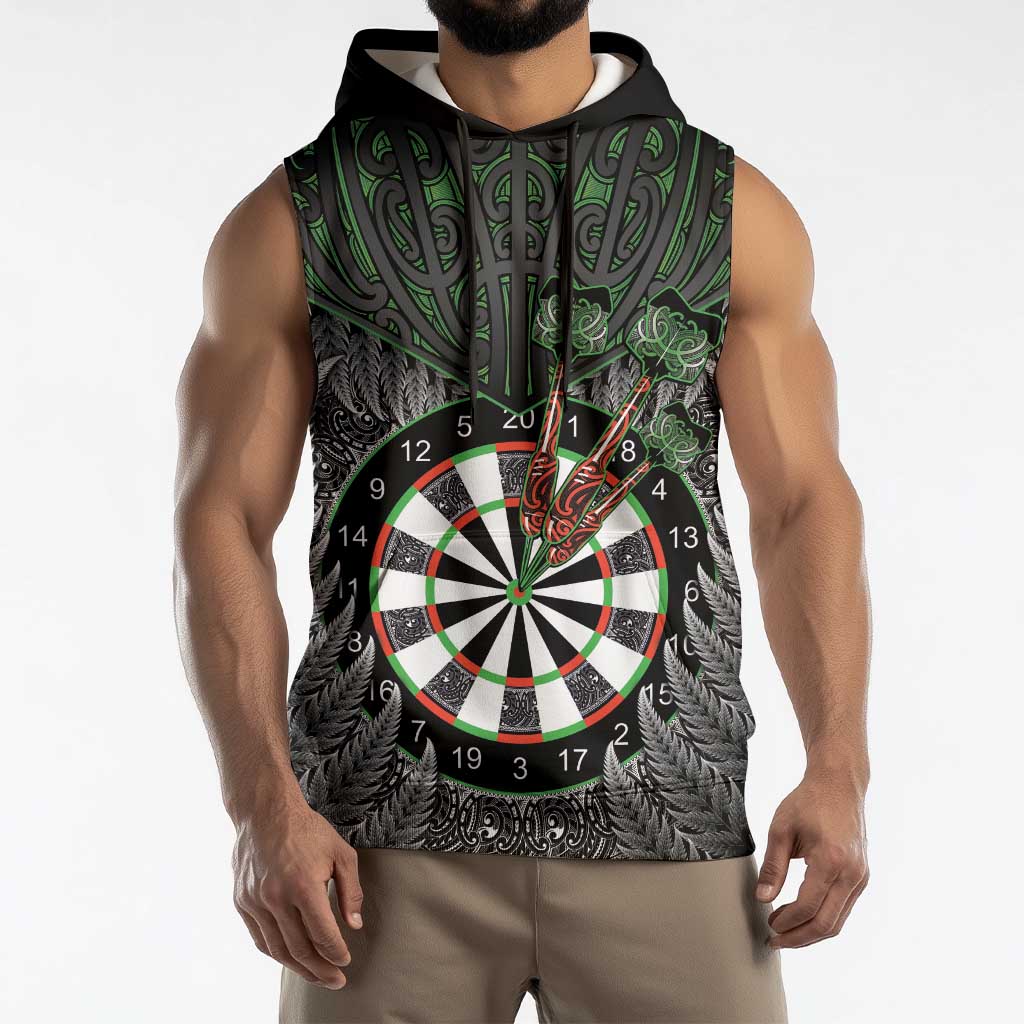 Personalised New Zealand Darts Sleeveless Hoodie Dartboard Maori Fern Puhoro Art - Polynesian Pride
