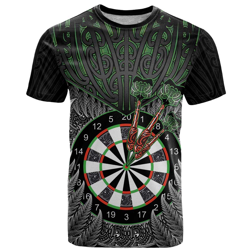Personalised New Zealand Darts T Shirt Dartboard Maori Fern Puhoro Art LT14 Black - Polynesian Pride