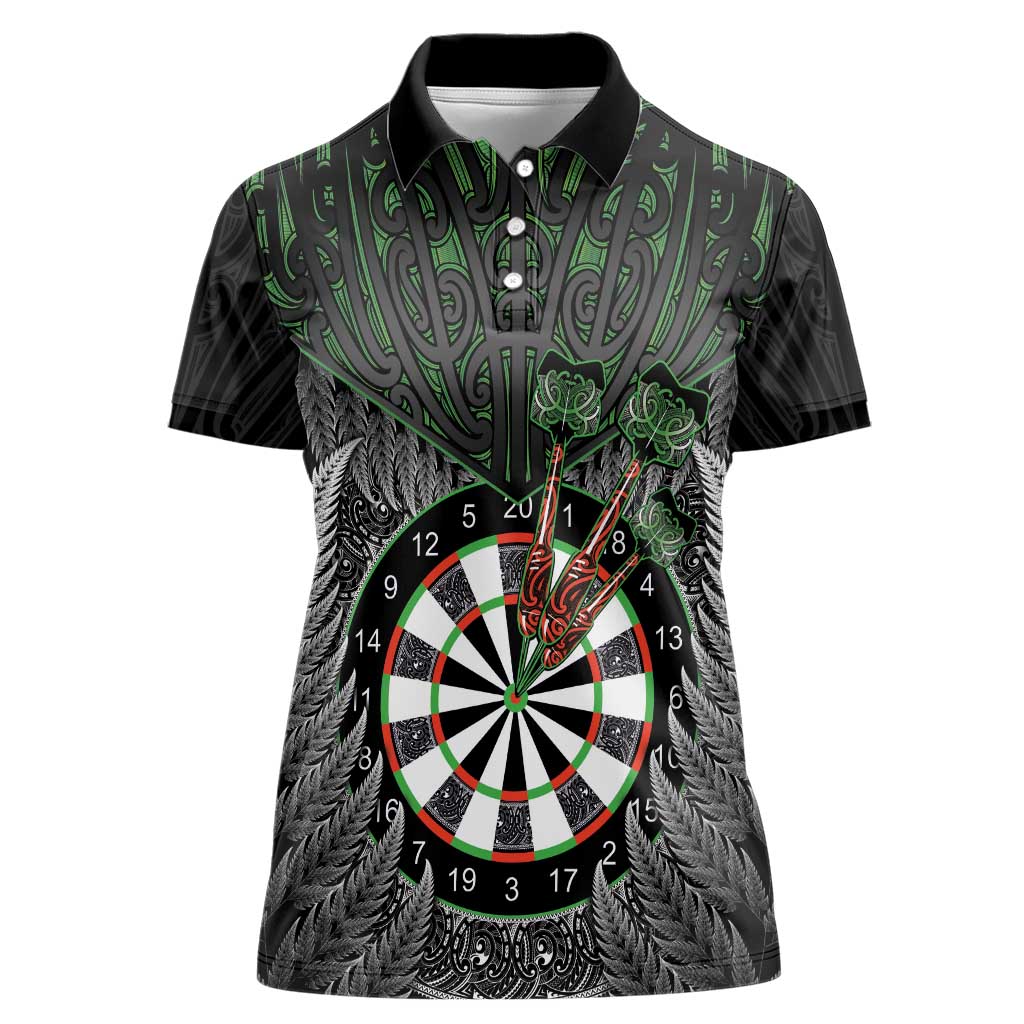 Personalised New Zealand Darts Women Polo Shirt Dartboard Maori Fern Puhoro Art LT14 Female Black - Polynesian Pride