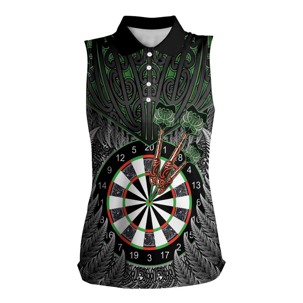 Personalised New Zealand Darts Women Sleeveless Polo Shirt Dartboard Maori Fern Puhoro Art LT14 Female Black - Polynesian Pride