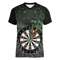 Personalised New Zealand Darts Women V-Neck T-Shirt Dartboard Maori Fern Puhoro Art LT14 Female Black - Polynesian Pride