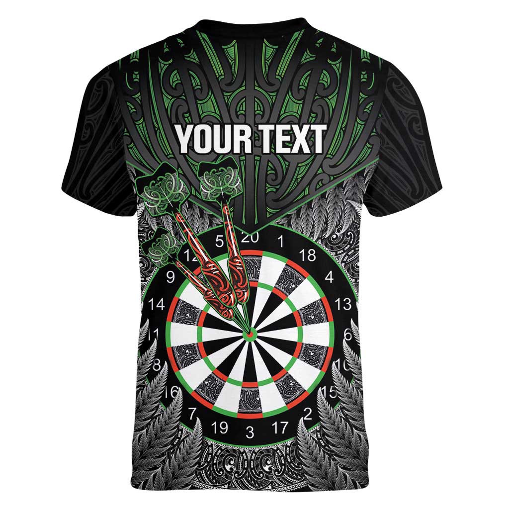 Personalised New Zealand Darts Women V-Neck T-Shirt Dartboard Maori Fern Puhoro Art LT14 - Polynesian Pride