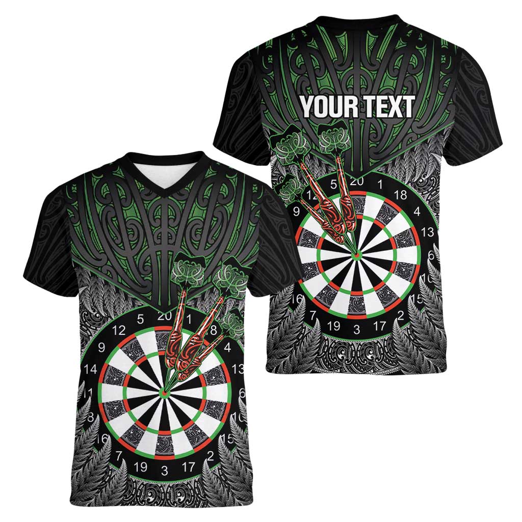Personalised New Zealand Darts Women V-Neck T-Shirt Dartboard Maori Fern Puhoro Art LT14 - Polynesian Pride