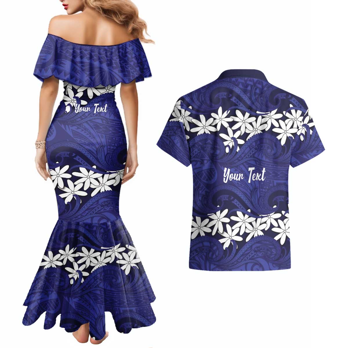 Personalised Cook Islands Pukapuka Couples Matching Mermaid Dress and Hawaiian Shirt Tiare Maori Polynesian Waves Tattoo LT14 - Polynesian Pride