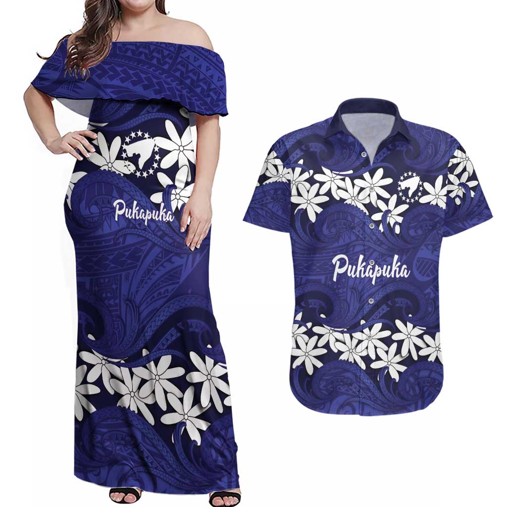 Personalised Cook Islands Pukapuka Couples Matching Off Shoulder Maxi Dress and Hawaiian Shirt Tiare Maori Polynesian Waves Tattoo