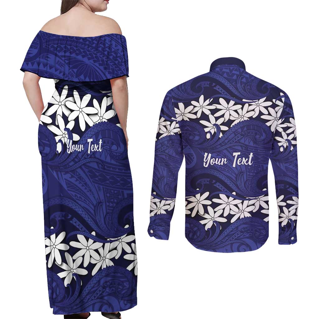 Personalised Cook Islands Pukapuka Couples Matching Off Shoulder Maxi Dress and Long Sleeve Button Shirt Tiare Maori Polynesian Waves Tattoo LT14 - Polynesian Pride