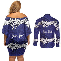 Personalised Cook Islands Pukapuka Couples Matching Off Shoulder Short Dress and Long Sleeve Button Shirt Tiare Maori Polynesian Waves Tattoo LT14 - Polynesian Pride