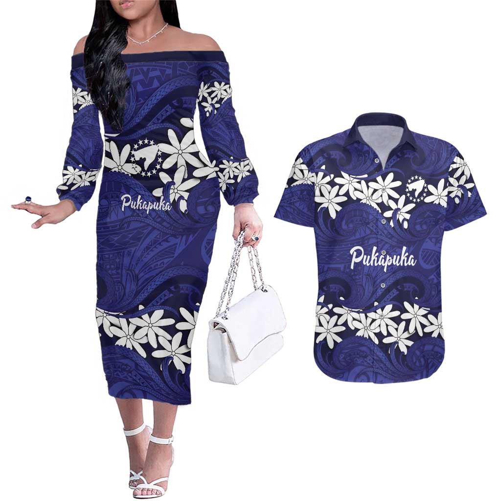 Personalised Cook Islands Pukapuka Couples Matching Off The Shoulder Long Sleeve Dress and Hawaiian Shirt Tiare Maori Polynesian Waves Tattoo LT14 Blue - Polynesian Pride