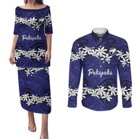 Personalised Cook Islands Pukapuka Couples Matching Puletasi and Long Sleeve Button Shirt Tiare Maori Polynesian Waves Tattoo
