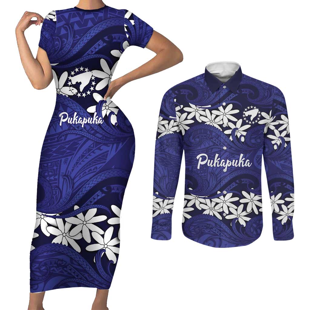 Personalised Cook Islands Pukapuka Couples Matching Short Sleeve Bodycon Dress and Long Sleeve Button Shirt Tiare Maori Polynesian Waves Tattoo LT14 Blue - Polynesian Pride