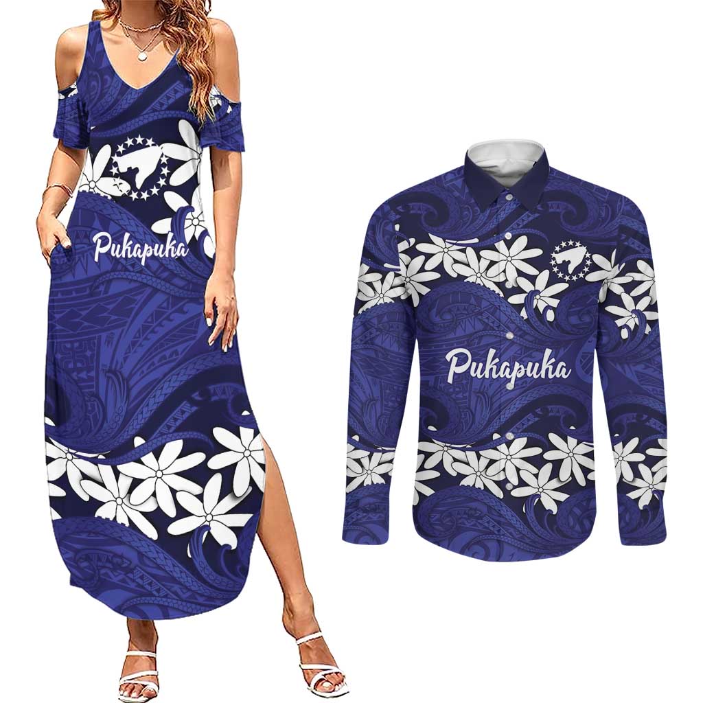 Personalised Cook Islands Pukapuka Couples Matching Summer Maxi Dress and Long Sleeve Button Shirt Tiare Maori Polynesian Waves Tattoo LT14 Blue - Polynesian Pride