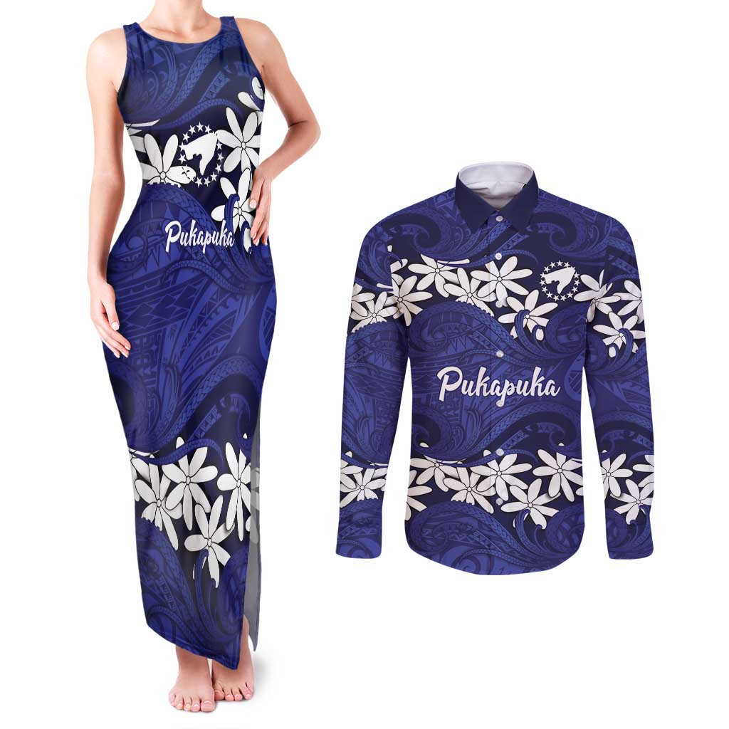 Personalised Cook Islands Pukapuka Couples Matching Tank Maxi Dress and Long Sleeve Button Shirt Tiare Maori Polynesian Waves Tattoo