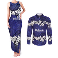 Personalised Cook Islands Pukapuka Couples Matching Tank Maxi Dress and Long Sleeve Button Shirt Tiare Maori Polynesian Waves Tattoo LT14 Blue - Polynesian Pride