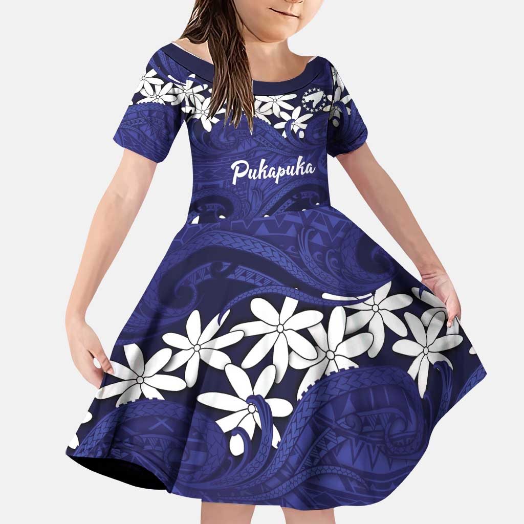 Personalised Cook Islands Pukapuka Family Matching Long Sleeve Bodycon Dress and Hawaiian Shirt Tiare Maori Polynesian Waves Tattoo LT14 Daughter's Dress Blue - Polynesian Pride