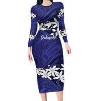 Personalised Cook Islands Pukapuka Family Matching Long Sleeve Bodycon Dress and Hawaiian Shirt Tiare Maori Polynesian Waves Tattoo LT14 Mom's Dress Blue - Polynesian Pride
