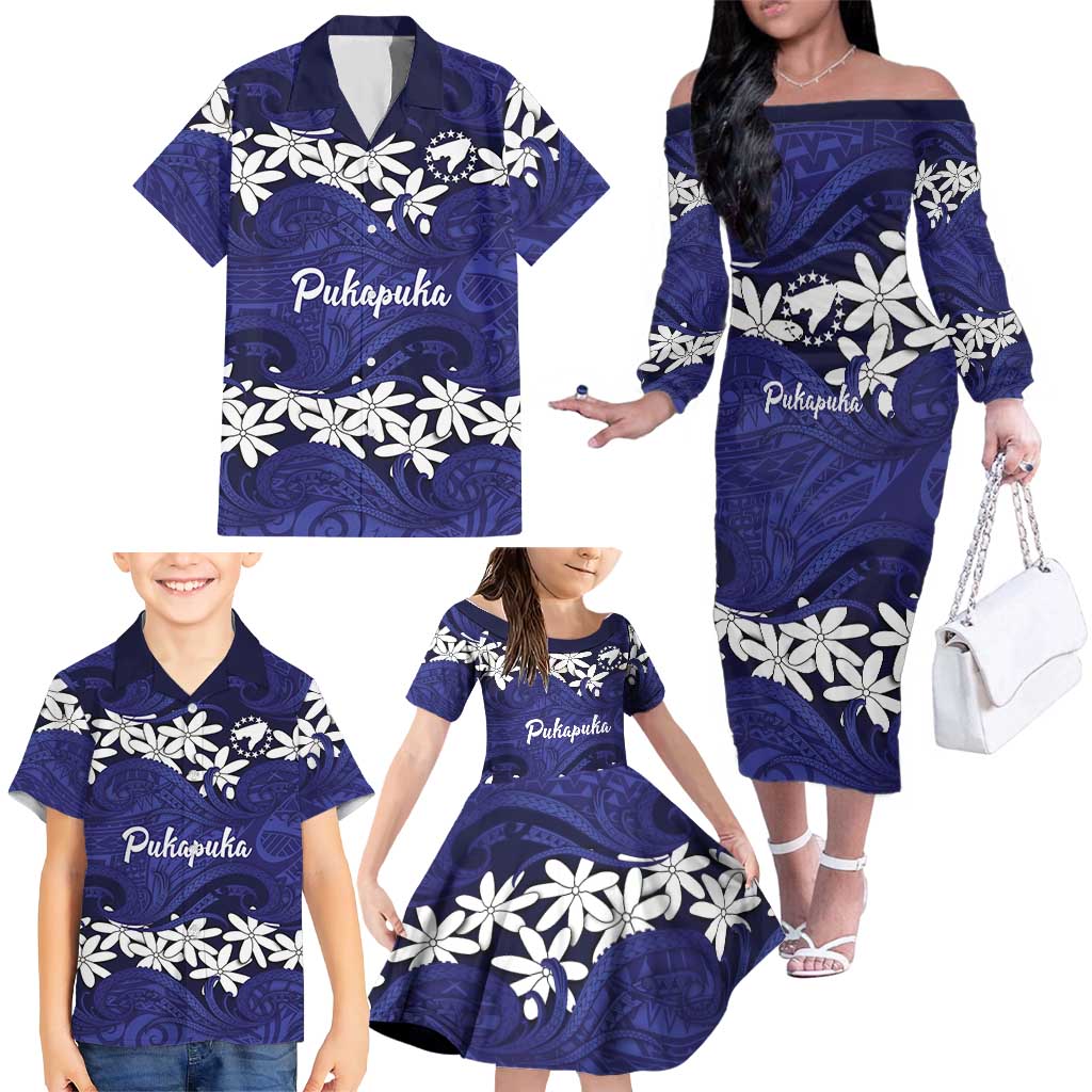 Personalised Cook Islands Pukapuka Family Matching Off The Shoulder Long Sleeve Dress and Hawaiian Shirt Tiare Maori Polynesian Waves Tattoo