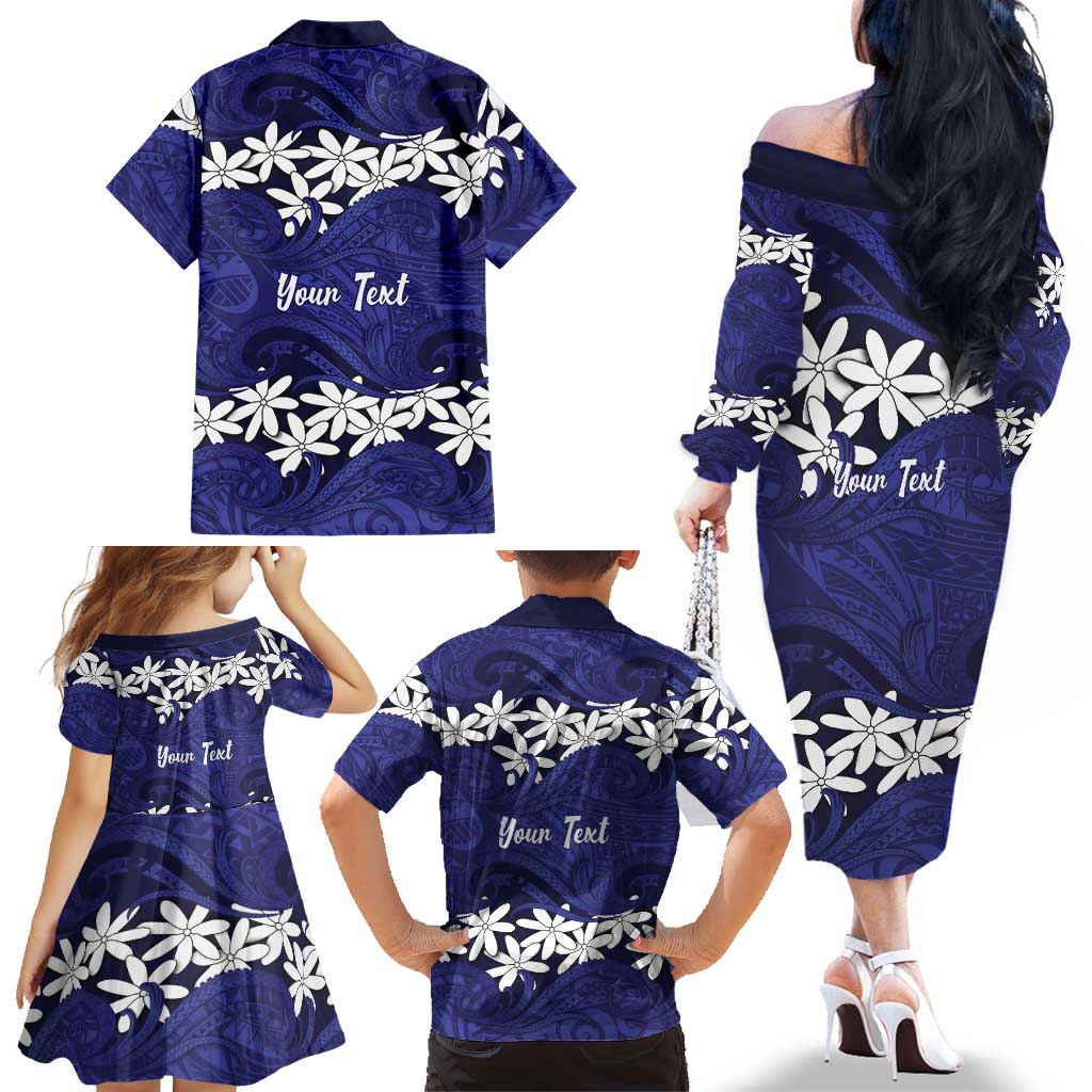 Personalised Cook Islands Pukapuka Family Matching Off The Shoulder Long Sleeve Dress and Hawaiian Shirt Tiare Maori Polynesian Waves Tattoo LT14 - Polynesian Pride