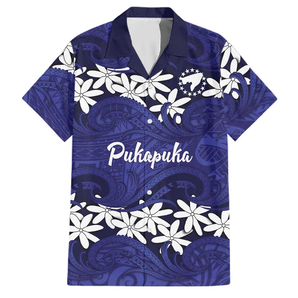Personalised Cook Islands Pukapuka Family Matching Off Shoulder Short Dress and Hawaiian Shirt Tiare Maori Polynesian Waves Tattoo LT14 Dad's Shirt - Short Sleeve Blue - Polynesian Pride