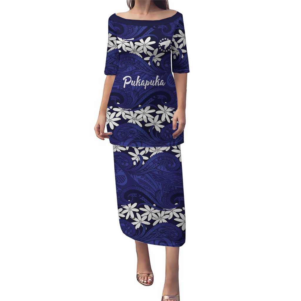 Personalised Cook Islands Pukapuka Family Matching Puletasi and Hawaiian Shirt Tiare Maori Polynesian Waves Tattoo LT14 Mom's Dress Blue - Polynesian Pride
