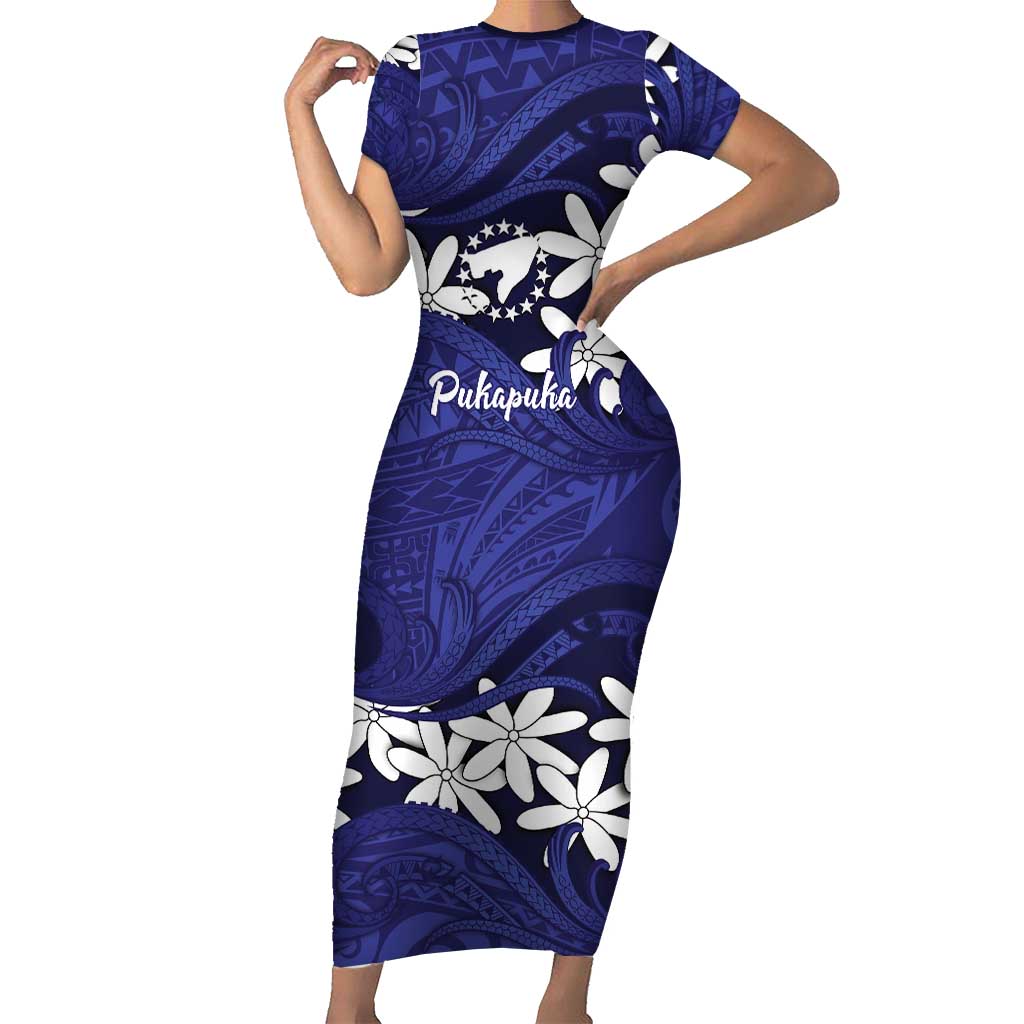 Personalised Cook Islands Pukapuka Family Matching Short Sleeve Bodycon Dress and Hawaiian Shirt Tiare Maori Polynesian Waves Tattoo LT14 Mom's Dress Blue - Polynesian Pride