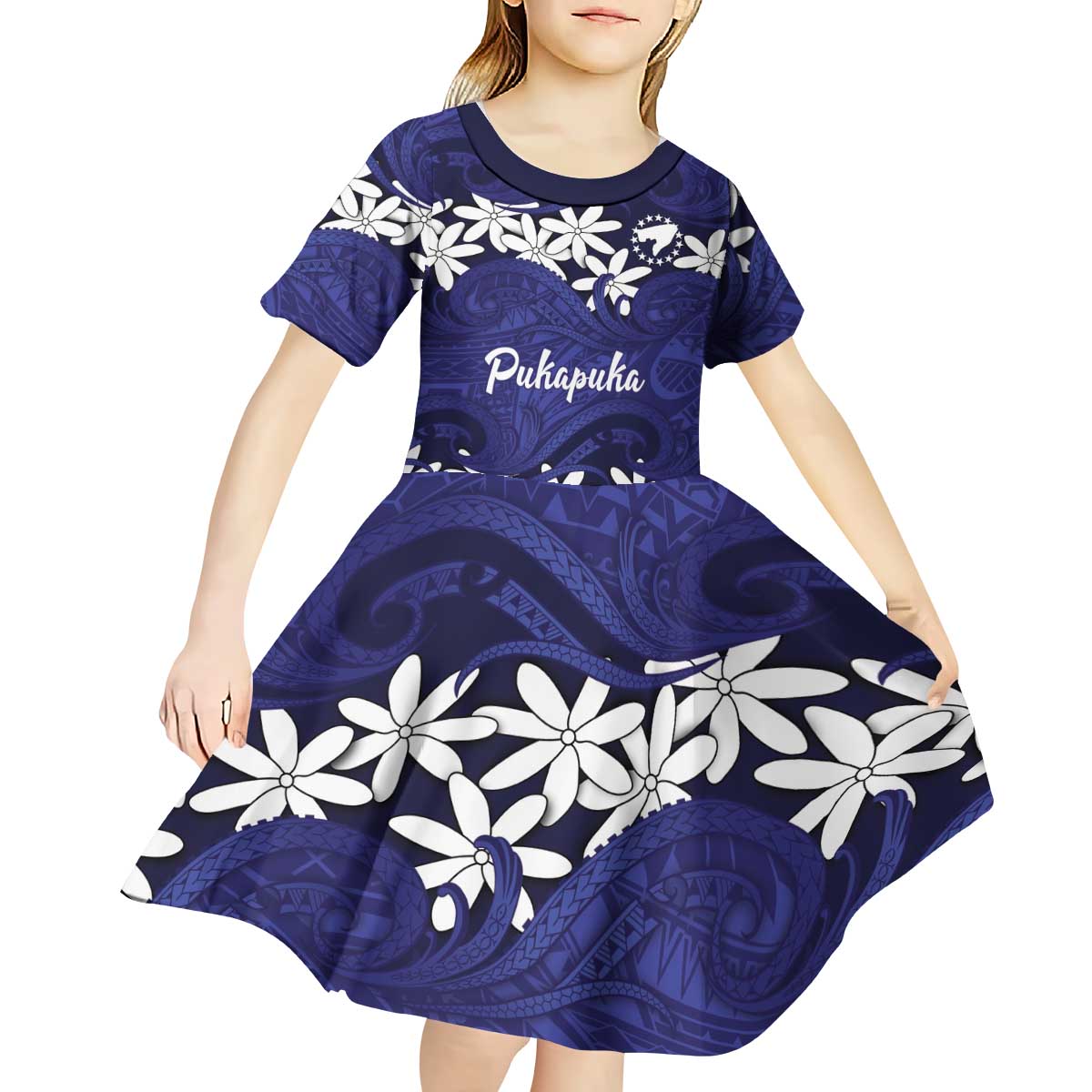 Personalised Cook Islands Pukapuka Kid Short Sleeve Dress Tiare Maori Polynesian Waves Tattoo