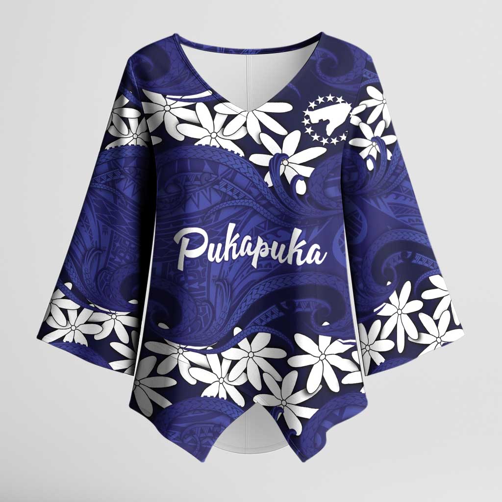 Personalised Cook Islands Pukapuka Kimono Sleeve Blouse Tiare Maori Polynesian Waves Tattoo LT14 Female Blue - Polynesian Pride