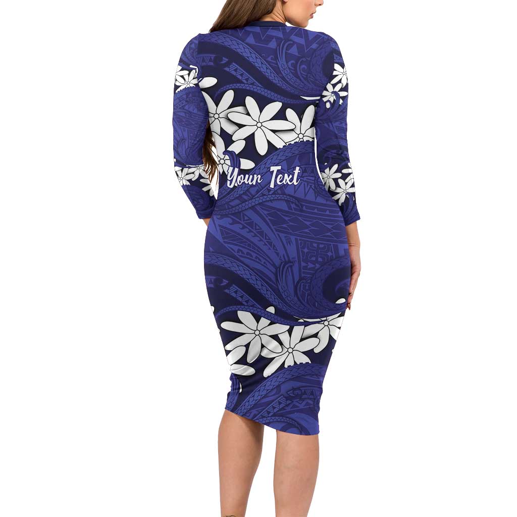 Personalised Cook Islands Pukapuka Long Sleeve Bodycon Dress Tiare Maori Polynesian Waves Tattoo