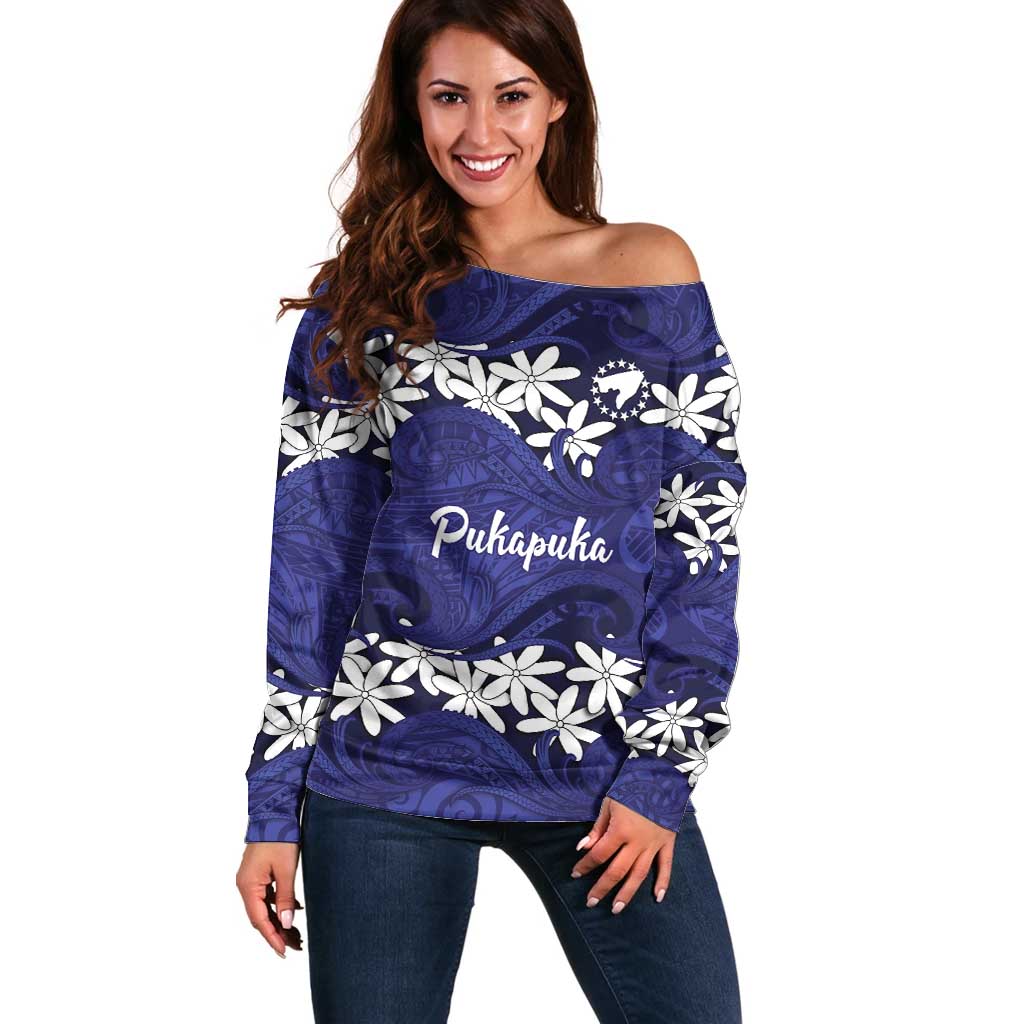Personalised Cook Islands Pukapuka Off Shoulder Sweater Tiare Maori Polynesian Waves Tattoo