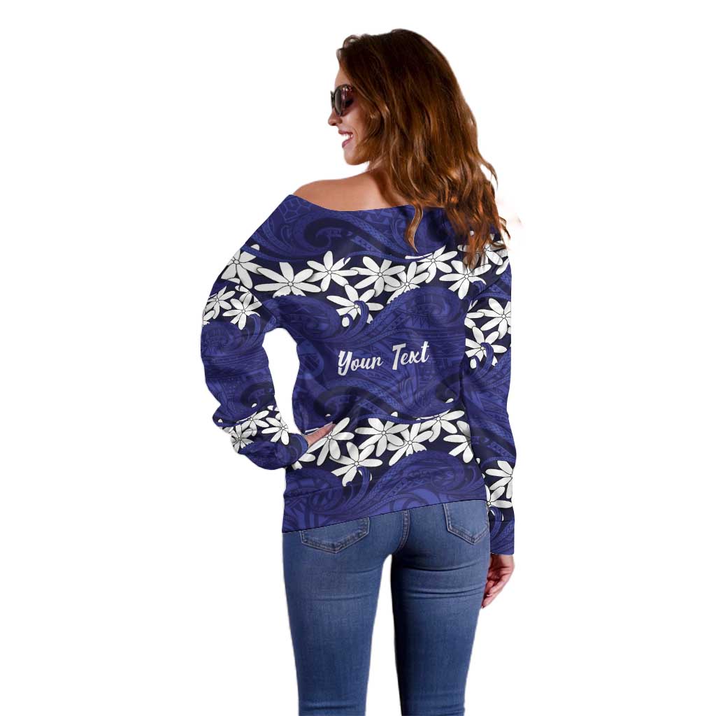 Personalised Cook Islands Pukapuka Off Shoulder Sweater Tiare Maori Polynesian Waves Tattoo