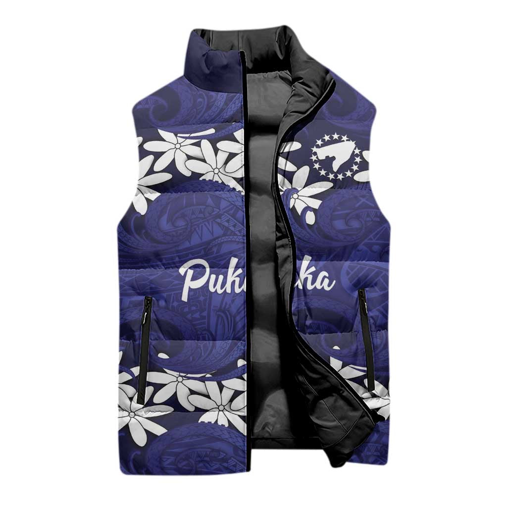 Personalised Cook Islands Pukapuka Sleeveless Puffer Jacket Tiare Maori Polynesian Waves Tattoo