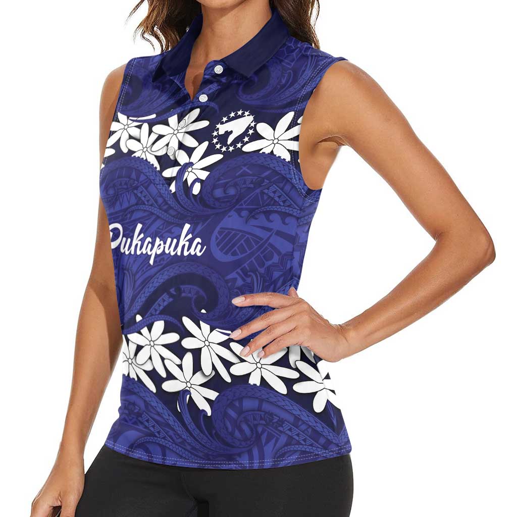 Personalised Cook Islands Pukapuka Women Sleeveless Polo Shirt Tiare Maori Polynesian Waves Tattoo LT14 - Polynesian Pride