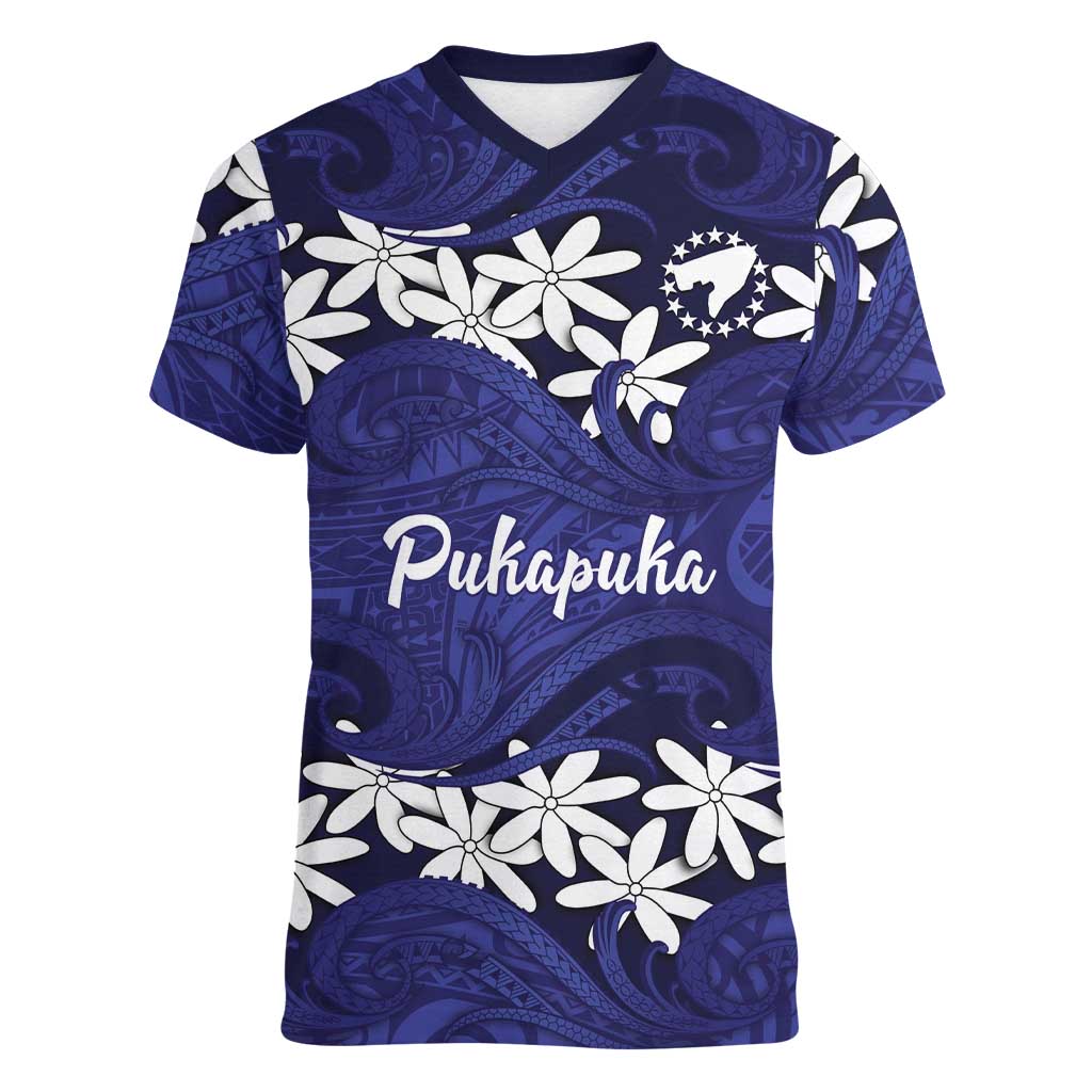 Personalised Cook Islands Pukapuka Women V-Neck T-Shirt Tiare Maori Polynesian Waves Tattoo LT14 Female Blue - Polynesian Pride