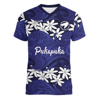 Personalised Cook Islands Pukapuka Women V-Neck T-Shirt Tiare Maori Polynesian Waves Tattoo LT14 Female Blue - Polynesian Pride