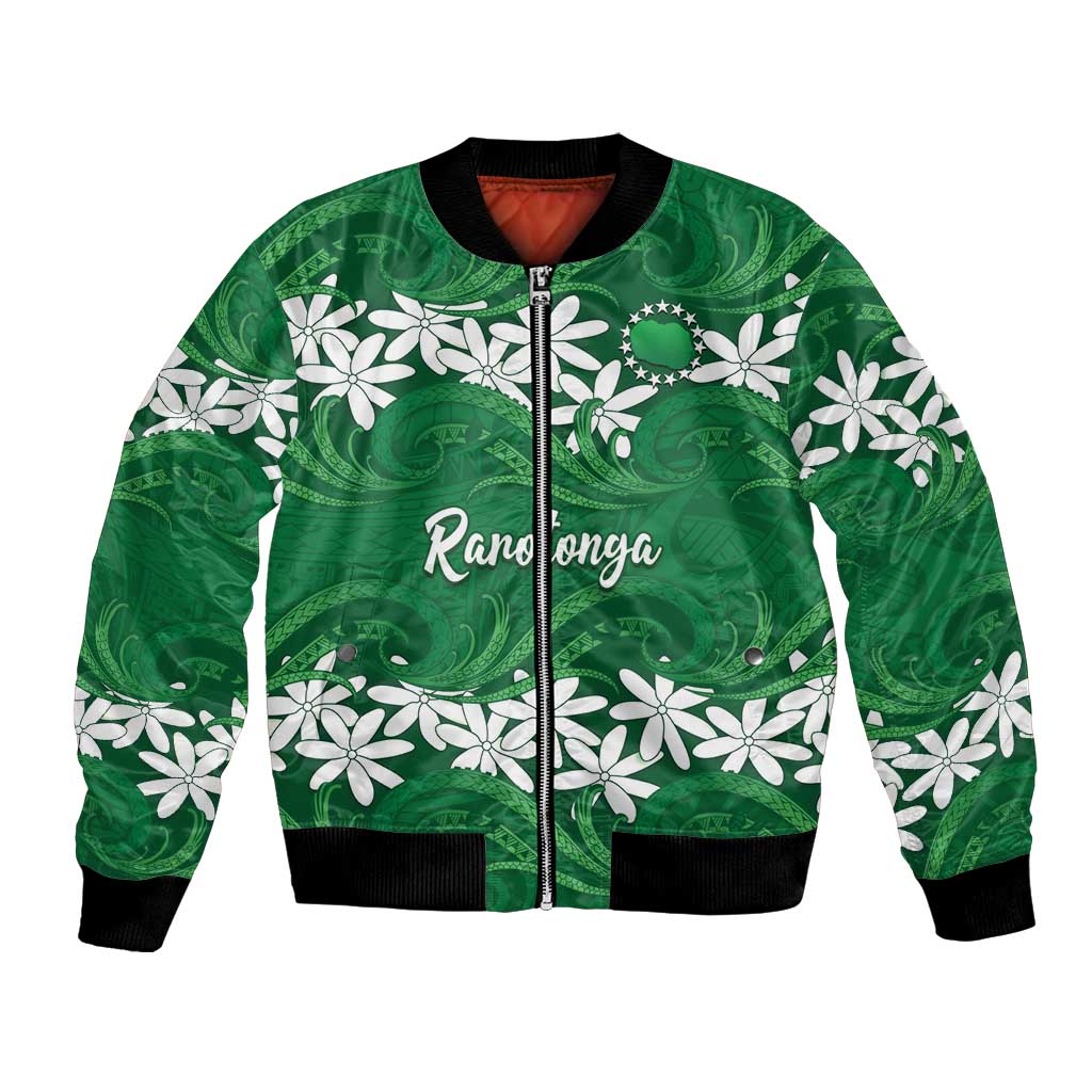 Personalised Cook Islands Rarotonga Bomber Jacket Tiare Maori Polynesian Waves Tattoo