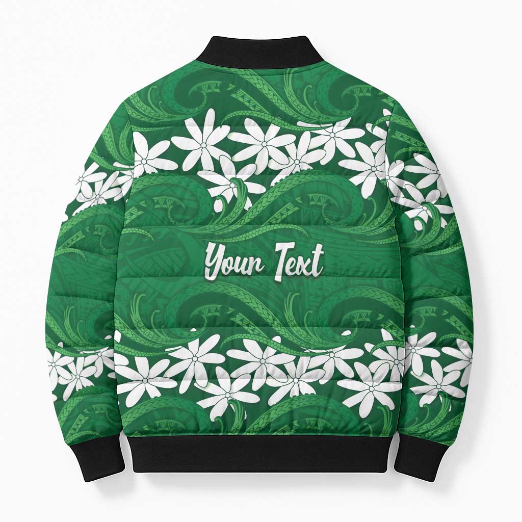 Personalised Cook Islands Rarotonga Bomber Puffer Jacket Tiare Maori Polynesian Waves Tattoo