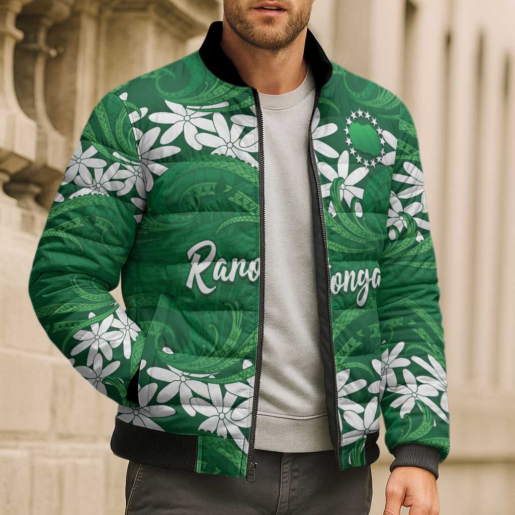 Personalised Cook Islands Rarotonga Bomber Puffer Jacket Tiare Maori Polynesian Waves Tattoo