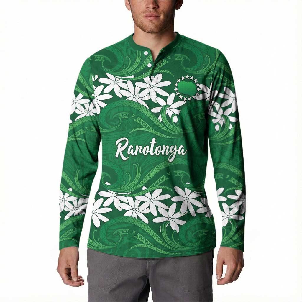 Personalised Cook Islands Rarotonga Button Sweatshirt Tiare Maori Polynesian Waves Tattoo