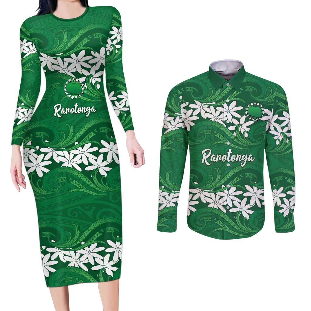 Personalised Cook Islands Rarotonga Couples Matching Long Sleeve Bodycon Dress and Long Sleeve Button Shirt Tiare Maori Polynesian Waves Tattoo LT14 Green - Polynesian Pride